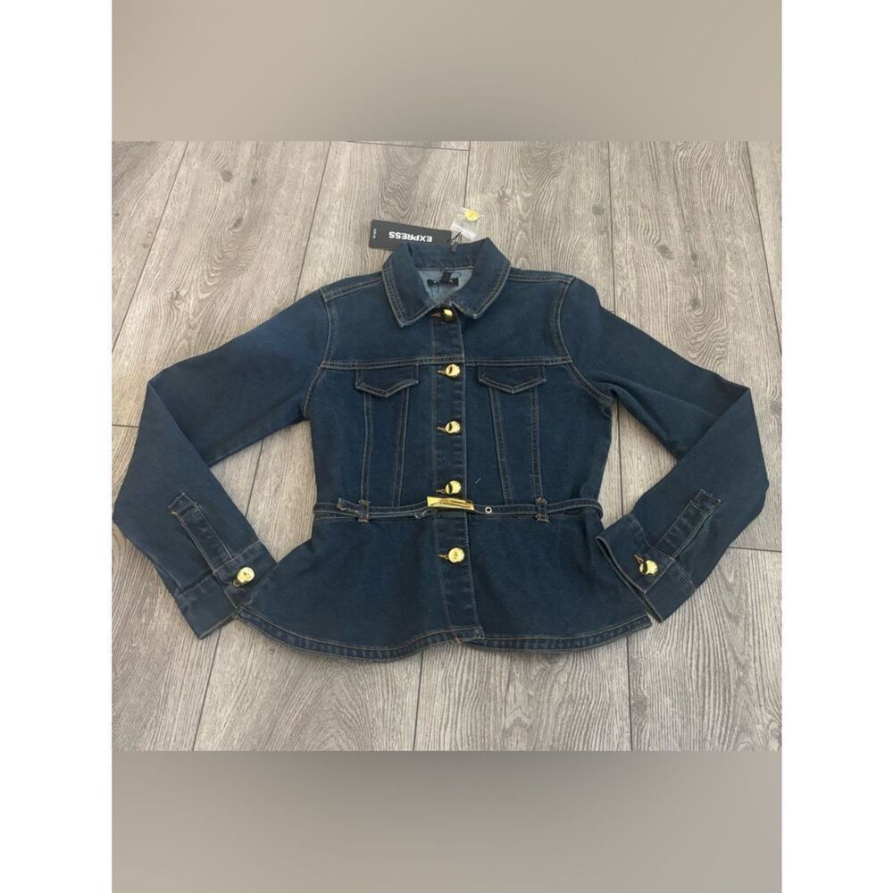 Express Navy Denim Peplum Jacket with Gold Buttons